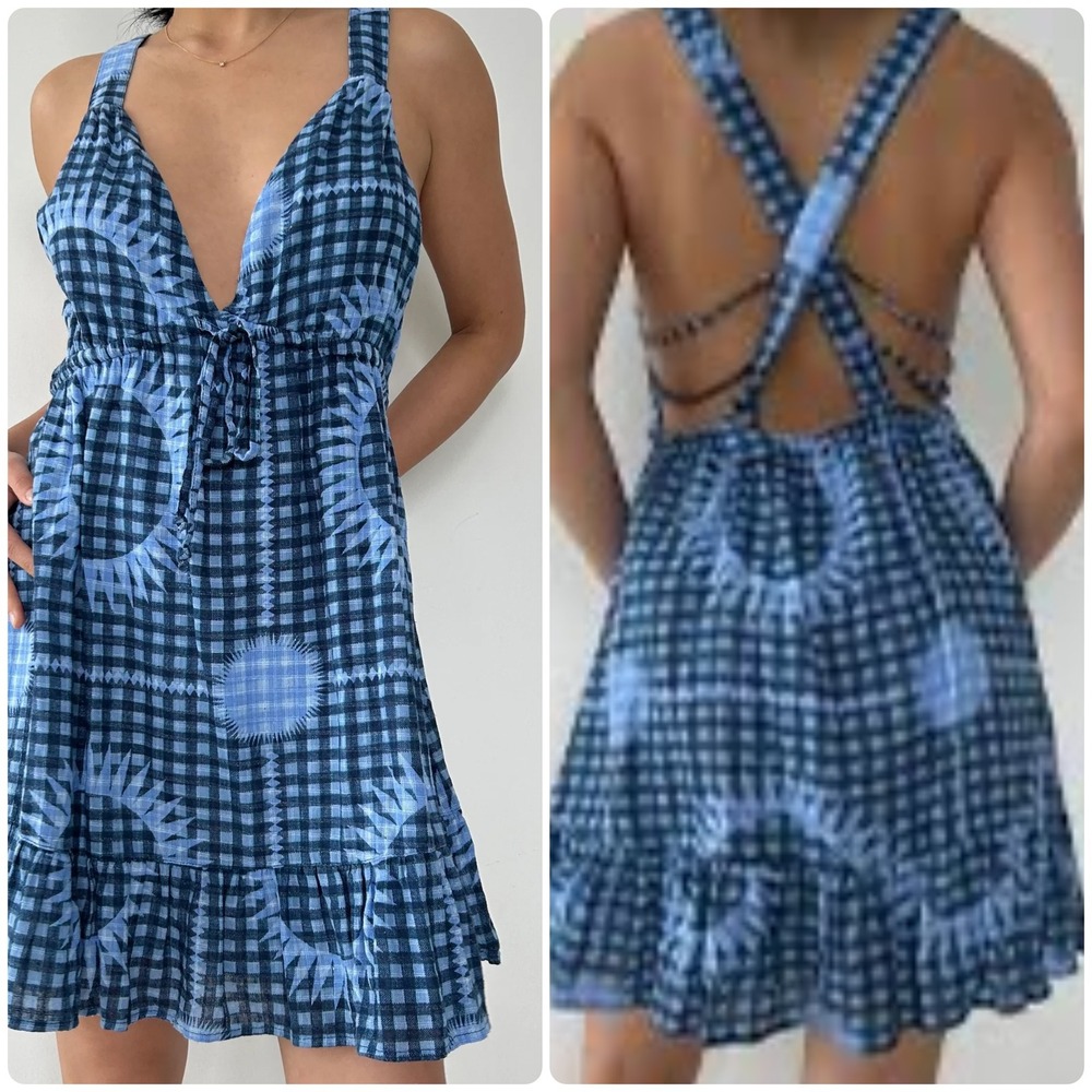 Urban Outfitters Blue Gingham Sunburst Lace Up Mini Dress Medium Summer